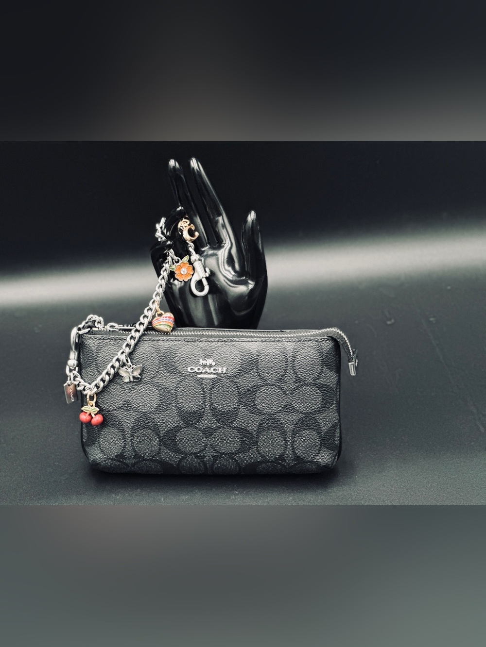 Coach Black Signature Large Wristlet Wallet.